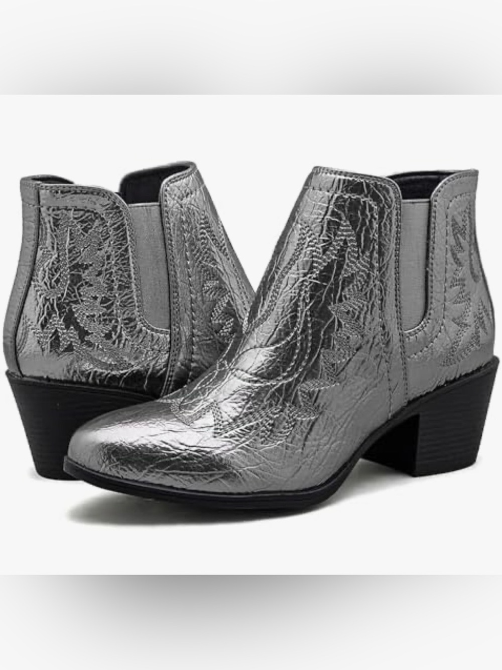 GLOBALWIN Pull On Ankle Boots Western Cowgirl Boots metallic silver size 8